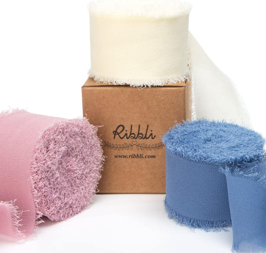 Ribbli Chiffon Silk Ribbon, 1.5 in x 30 Yards, Ivory/Dusty Rose/Dusty Blue Fringe for Wedding Invitations, Bridal Bouquets, Flower Arrangements - Crafty Corner