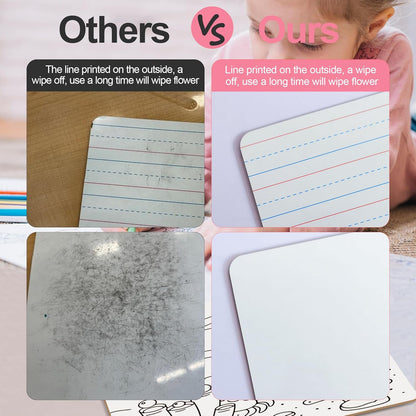 Set of 24 Dry Erase Boards, Double Sided Small Whiteboards with Lines for Kids, Students, Teacher & Classroom Pack, 9"x12" Mini Individual White Boards Lined for Writing with 24 Makers, 24 Erasers