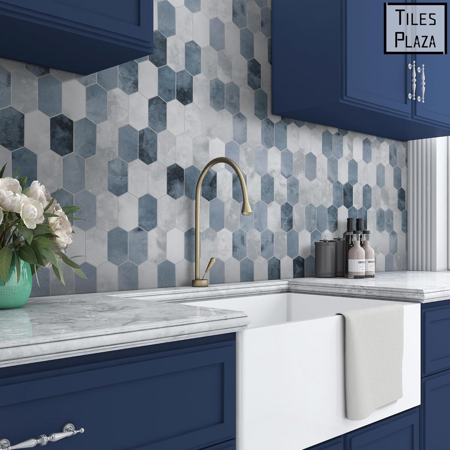 The Tiles Plaza 10-Sheet Peel and Stick Backsplash, Blue Cement Long Hexagon Self Adhesive Wall Tile, Stone Composite Stick On Decorative Mosaic Tile for Kitchen Bathroom Fireplace