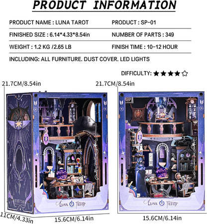 DIY Booknook Kit,3D Wooden Puzzle Miniature Book Nook Kit Insert Decor with LED Light and Dust Cover for Adults and Teens，Gifts for Family, Friends（Luna Tarot）