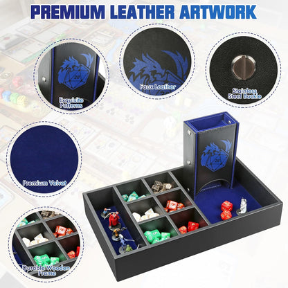 DND Dice Tray & Tower Storage Box, 4 in 1 D&D Dice Holder Case (Dice Rolling Tray, Dice Roller Tower, Dice & Miniature Storage), Great RPG Accessories Gifts for Dungeons and Dragons MTG DM & Player