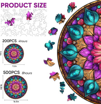 Wooden Puzzles for Adults, Mandala Puzzles 200 Pieces, Unique Shaped Jigsaw Puzzles for Adults and Kids, Birthday Gifts Fun Challenge Family Game 11.2'' x 11.2''