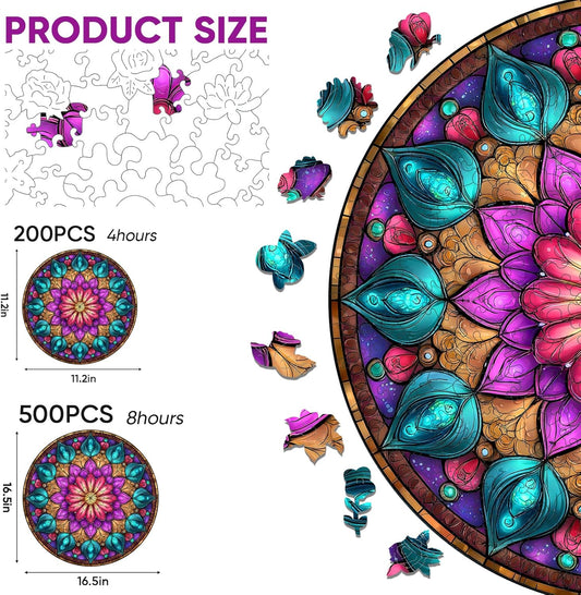 Wooden Puzzles for Adults, Mandala Puzzles 200 Pieces, Unique Shaped Jigsaw Puzzles for Adults and Kids, Birthday Gifts Fun Challenge Family Game 11.2'' x 11.2''