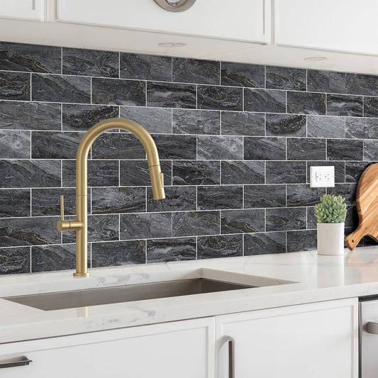 100 Pieces Peel and Stick Backsplash for Kitchen, 3" x 6" PVC Subway Tile 2025 Upgraded Gray-Gold Stone Backsplash Stick on Tile Elevate Kitchen Fireplace RV