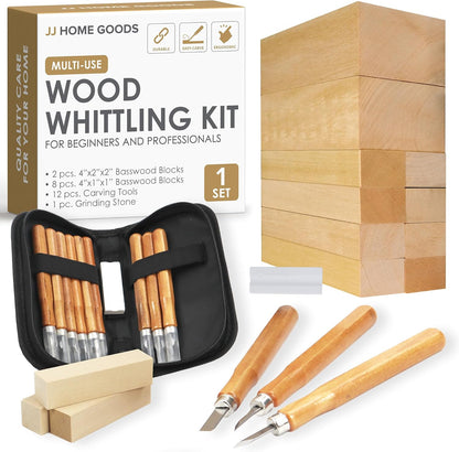 JJ CARE Wood Carving Kit [12 SK2 Wood Carving Knives with Case, 10 Basswood Carving Blocks, and 1 Grinding Stone] - Beginner Wood Carving Kit, Wood Carving Tools Set, Wood Carving Set for Kids