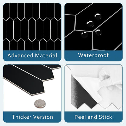 SUNWINGS Backsplash Tile for Kitchen Peel and Stick, Stone Composite Self Adhesive Tiles Long Hexagon Mosaic Wall Tile for Kitchen, 12 Inch x 11.22 Inch 10 Sheets Black Matte