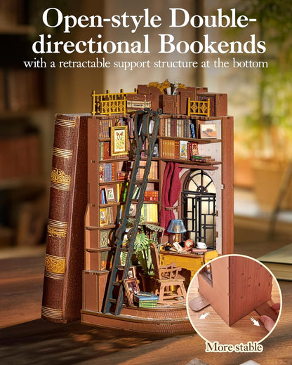 ROBOTIME Book Nook Kit, DIY Miniature House Kit, 3D Wooden Puzzle Bookends,Bookshelf Decor, Simple Assembly Dollhouse Kit, Creative Unique Gifts for Adults/Teens/Beginner (Silent Corner Study)