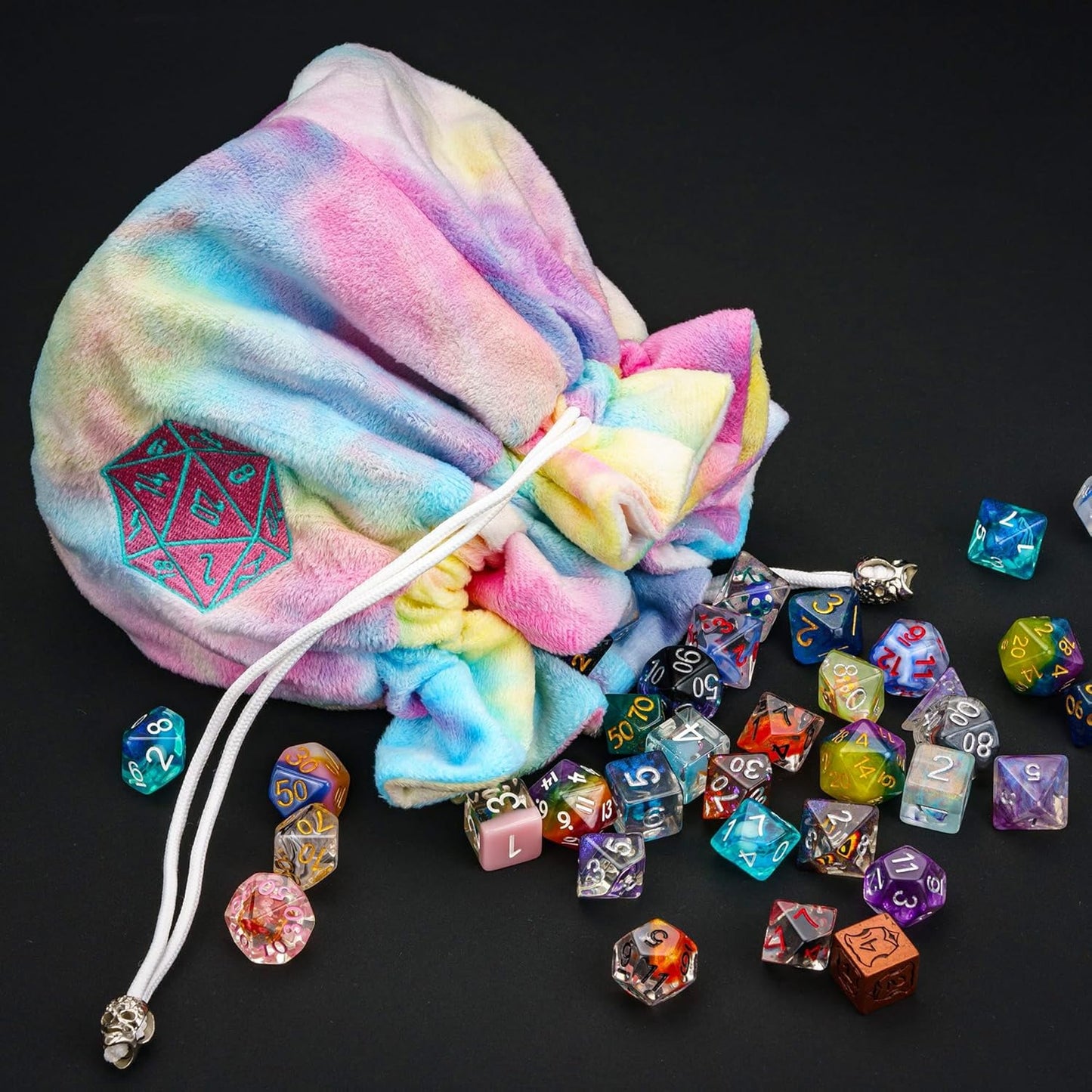 DND Dice Bags Large with Pockets Rainbow Storage Bag with D20 Logo for RPG Game Dices - Capacity 200+ Dice