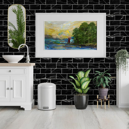100 Pieces Peel and Stick Backsplash for Kitchen, 3" x 6" PVC Subway Tile Upgraded Nero Marquina with White Grout Backsplash Stick on Tile Elevate Kitchen, Bathroom, Fireplace,RV