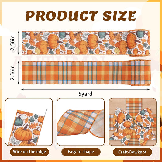 2 Rolls Fall Pumpkin Craft Ribbons for Wreath Bows, 2.5"×10 Yards Thanksgiving Wired Edge Ribbon Orange Burlap Autumn Leaves Wired Ribbons for Crafting Sewing Supplies - Crafty Corner