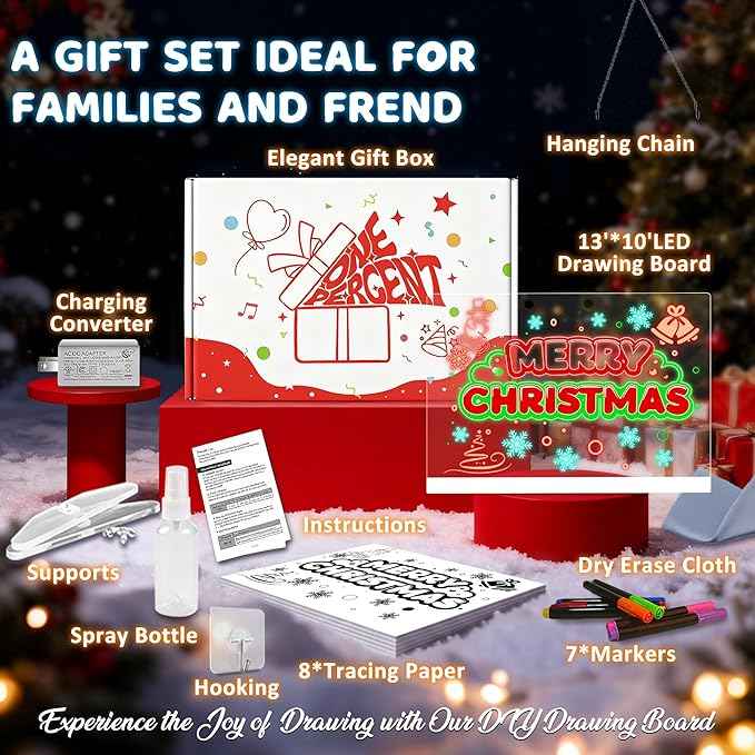 LED Drawing Board -13.7'' X 10" Doodle Glow Board for Christmas Gift, Room/Store/Festival,etc. with 4 Modes & 7 Colors, LED Glow Drawing Board with Adapter, 7 Markers & Tracing Paper
