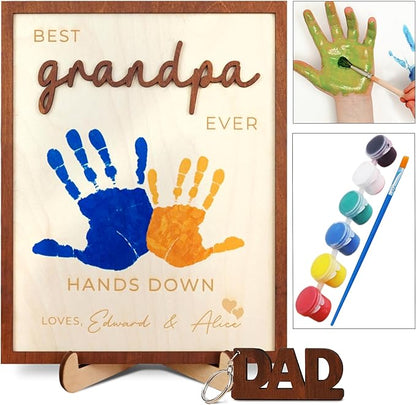 Dad Hand Print Sign Personalized Father Birthday Gifts Wooden Plaque Family Name Best Dad Ever Hands Down Frame Engraved Art Craft Gift For Grandpa Daddy Papa from Daughter Son Wife