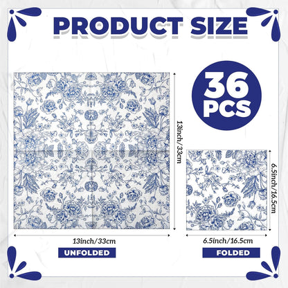 Crtiin 36 Pack 9 Styles Decoupage Napkins Assorted Floral Decorative Decoupage Napkins Chinoiserie Cocktail Paper for DIY Crafting Birthday Party, Each Unfolded 13 Inch(Blue Floral)
