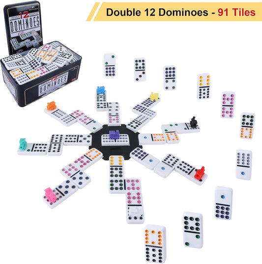 Double 12 Mexican Train Dominoes Set for Adults with 8PCS Wooden Holders, 9 Train Markers, 91 Color Dot Tile Dominos in Tin Box & Hub - Classic Family Board Game Set Party Toy Gift for Kids