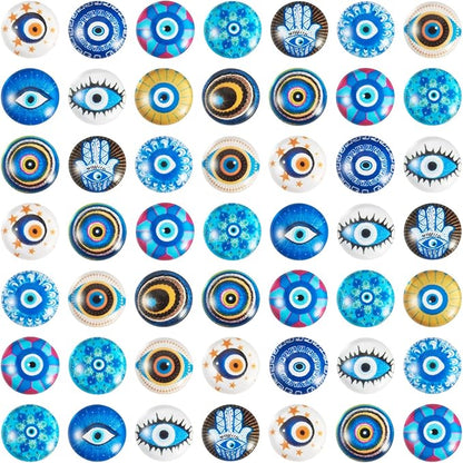 Craftora 100Pcs 12mm Transparent Evil Eye Glass Cabochons Mixed Blue Eyes Cameo Dome Tiles Flat Back Glass Covered Dome Tiles for DIY Bracelets Necklace Scrapbooking Art Crafts
