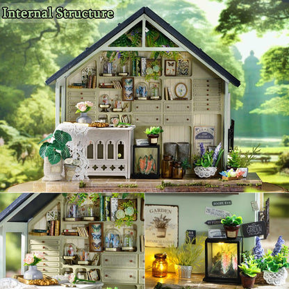 TuKIIE DIY Miniature House Kit with Furniture, 1:24 Scale Creative Room Mini Wooden Dollhouse Book Nook Plus Dust Proof & Music Movement for Kids Teens Adults(Plants Studio)