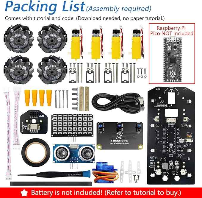 Freenove Mecanum Wheel Car Kit for Raspberry Pi Pico (Not Included) (Compatible with Arduino IDE), Dot Matrix Expressions, Obstacle Avoidance, Line Tracking, Light Tracing, Colorful Light, App