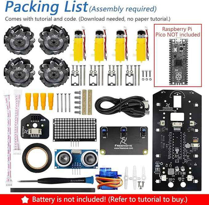 Freenove Mecanum Wheel Car Kit for Raspberry Pi Pico (Not Included) (Compatible with Arduino IDE), Dot Matrix Expressions, Obstacle Avoidance, Line Tracking, Light Tracing, Colorful Light, App