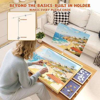 1500 Pcs Adjustable Jigsaw Puzzle Board with Drawers and Cover, 33.3"x24.3" Rotating Puzzle Table with Lazy Susan, Frame for Wall Art Display