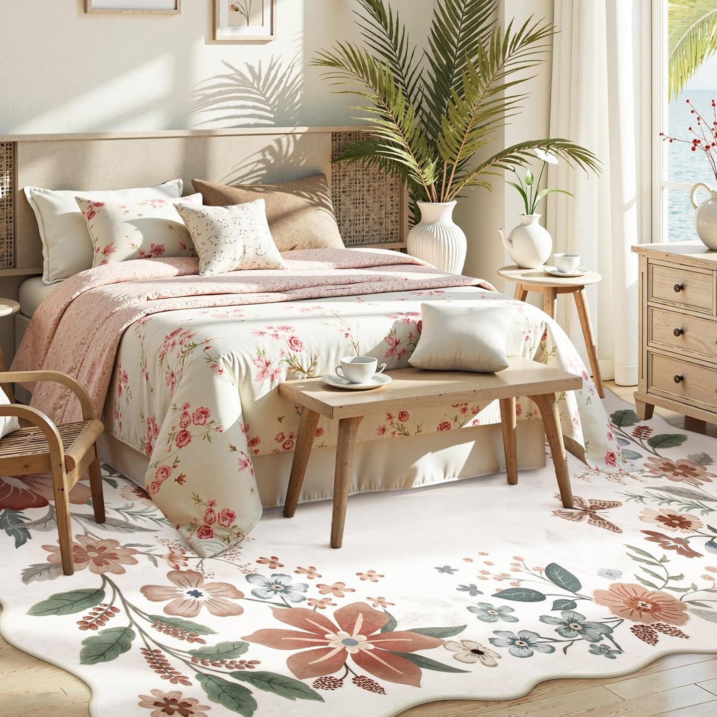 Beeiva Living Room Area Rug 6 x 9 - Scalloped Floral Printed Boho Flower Rugs for Bedroom Playroom Soft Non Slip Large Aesthetic Carpet for Nursery Dorm Office(Beige,6x9ft)