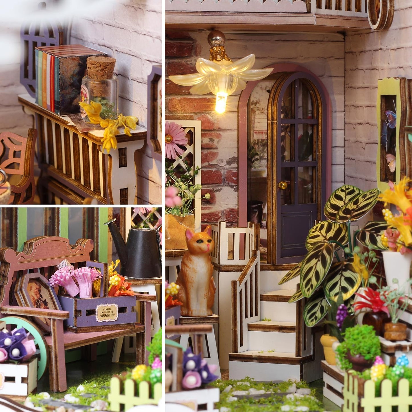 TuKIIE DIY Book Nook Miniature Kit, Booknook Dollhouse Bookshelf Insert with Sensor Light & Dust Proof, Wooden Decorative Bookend Stand Model Kits for Kids Teens Adults(Flower House)