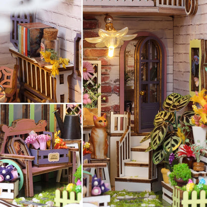 TuKIIE DIY Book Nook Miniature Kit, Booknook Dollhouse Bookshelf Insert with Sensor Light & Dust Proof, Wooden Decorative Bookend Stand Model Kits for Kids Teens Adults(Flower House)