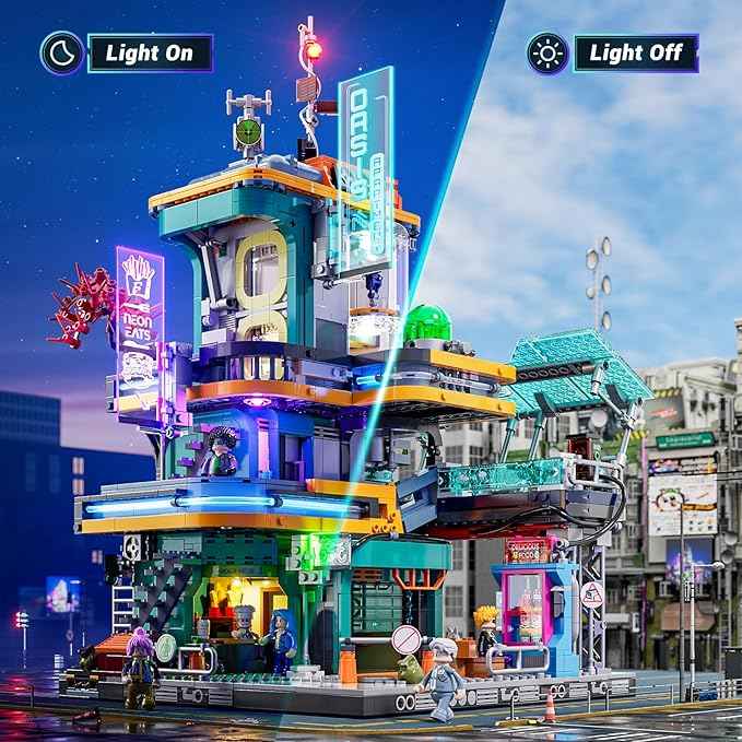 FUNWHOLE Cyberpunk Mansion Lighting Building-Bricks Set - 2524 Pcs Future City Modular Buildings Set Display Idea for Adults and Sci-fi Lovers