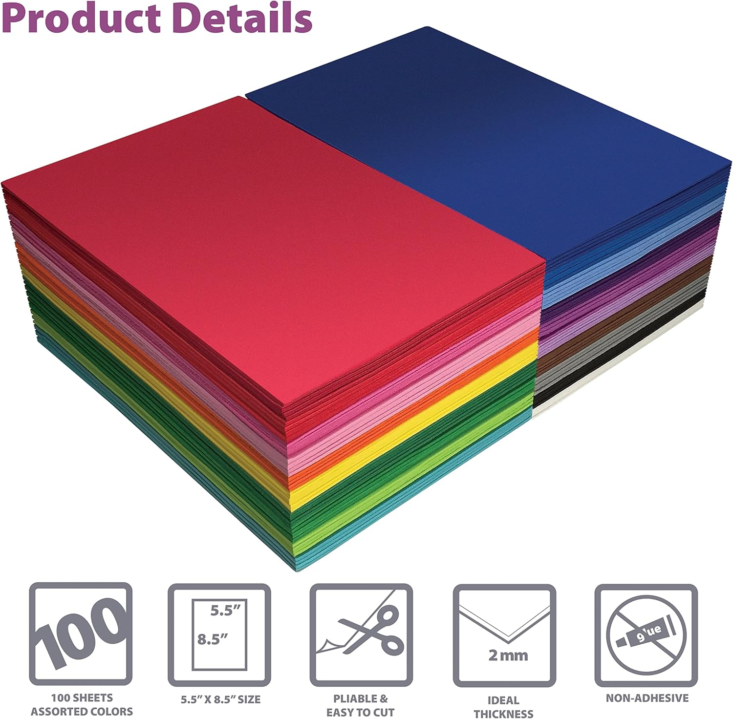 Better Office Products 100 Pack EVA Foam Sheets, 5.5 x 8.5 Inch, Assorted Colors (20 Colors), 2mm Thick, for Arts and Crafts, 100 Sheets - Crafty Corner