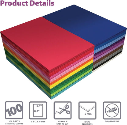 Better Office Products 100 Pack EVA Foam Sheets, 5.5 x 8.5 Inch, Assorted Colors (20 Colors), 2mm Thick, for Arts and Crafts, 100 Sheets - Crafty Corner