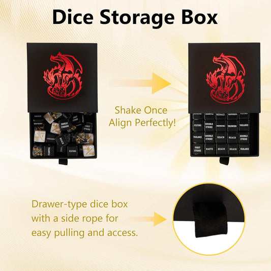 MTG dice Set with counters - 50 dice Including keyword, +1 to +6, -1 to -6 counters for Final Fantasy Magic The Gathering, Comes with Storage Box and Velvet Pouch(Text Version)