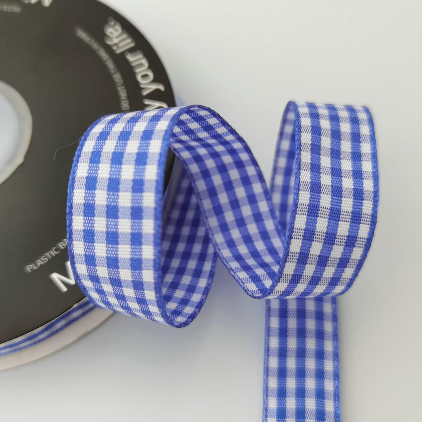 Blue and White Woven Edge Plaid Ribbon 100% Polyester Gingham Ribbon 25 Yards Each Roll (5/8", Blue) - Crafty Corner