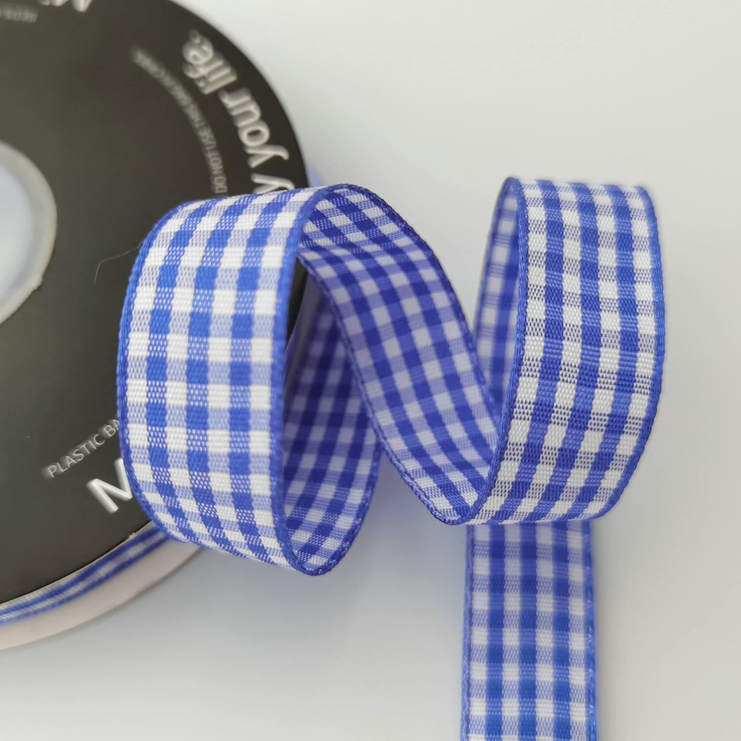 Blue and White Woven Edge Plaid Ribbon 100% Polyester Gingham Ribbon 25 Yards Each Roll (5/8", Blue) - Crafty Corner