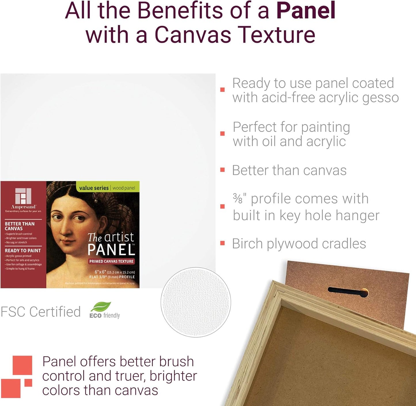 Ampersand Art Supply Wood Gesso Art Painting Panel: Canvas Texture, 1.5 Inch Cradle, 8" x 8"