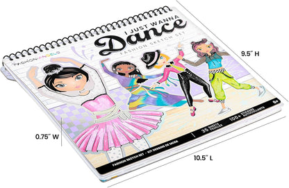 Fashion Angels I Just Wanna Dance Fashion Sketch Set, Create Dance-Themed Outfits with 35 Sketch Pages, 100+ Stickers & Stencils, Fun Craft Kit for Kids