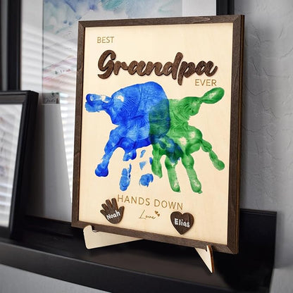 Best Grandpa Ever Hands Down Sign Wooden Handprint Frame DIY Gifts, Fathers Day Personalized Gifts From Daughter, Son, Kids - Fathers Day Handprint Gift, Custom Birthday Gift for New Dad, Grandpa