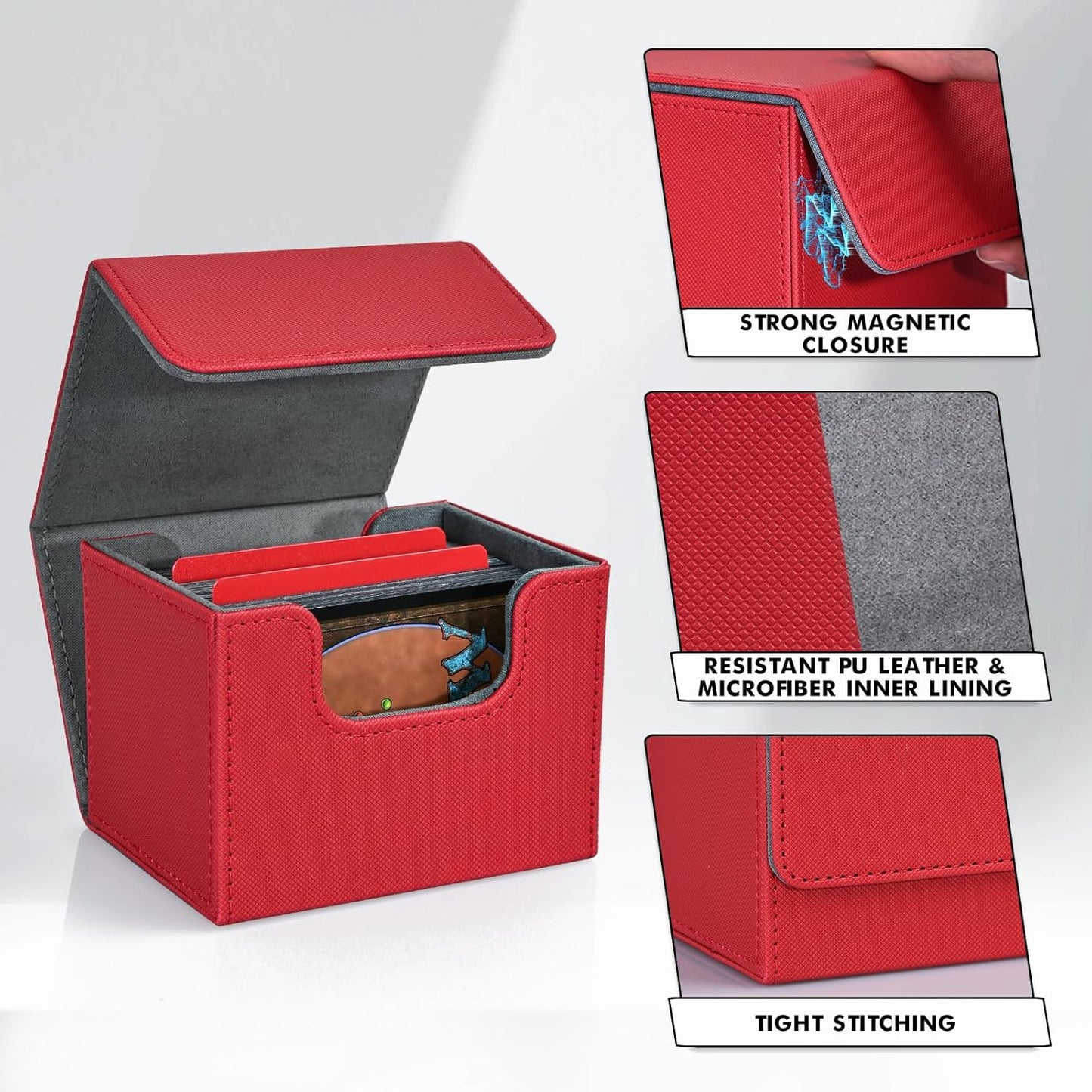 ZLCA Card Deck Box for Trading Cards, MTG Commander Deck Box Holds 120+ Single Sleeved, Leather Magnetic Card Storage Case Fits for TCG CCG Magic(Red)