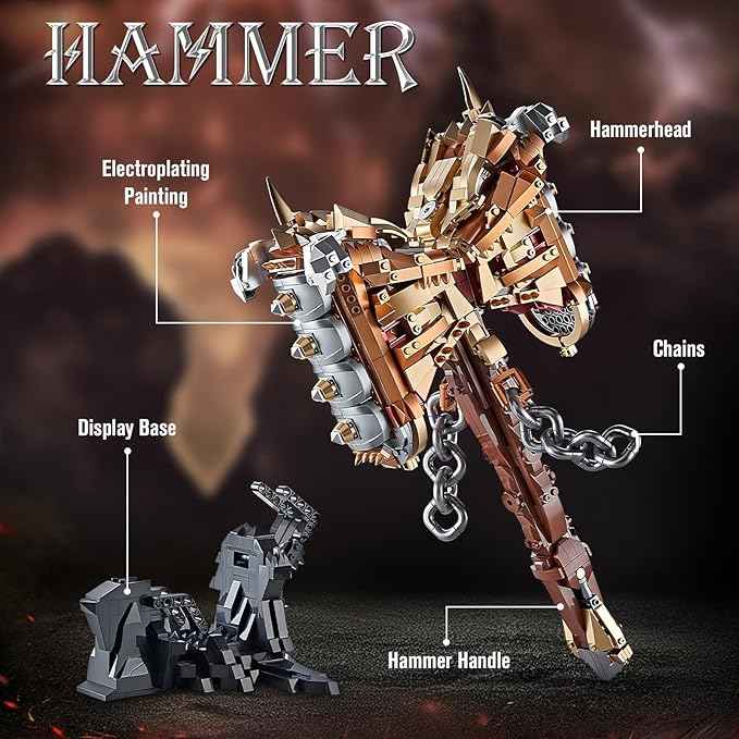 Finger Rock Thor Battle Hammer Building Blocks Set for Adults, Legendary Hammer Building Kit with a Base for Display, 1388 PCS Classic Toy Weapon Model Collection Gifts for Teens 14+