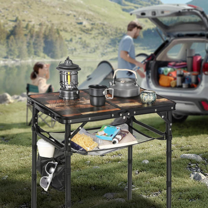 RedSwing Small Folding Table with Side Pocket Adjustable Height, Lightweight and Portable Aluminum Frame Camping Table for Outdoor Indoor Picnic, 2 Feet, Brown Wide Wood Grain