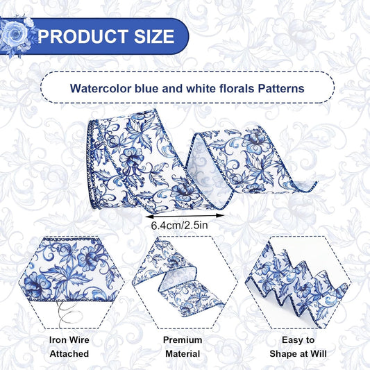 Blue White Floral Wired Edge Ribbon Roll Vintage Watercolor Flower Craft Ribbon Chinoiserie Fabric Ribbon for Wreath Bow Making DIY Craft Wrapping Party Supplies, 12 Yard - Crafty Corner