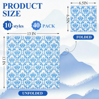 40 Pack 10 Styles Decoupage Paper Napkins, Assorted Blue and White Floral Decorative Decoupage Cocktail Napkins for Birthday Tea Party Wedding Dinner Kitchen Bathroom