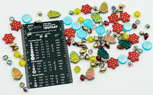 2.1oz (60g) of Christmas Czech Glass Bead Mix 2024 with Trees, Melons, Snowflakes and Faceted Beads, Dark Green Yellow Xmas