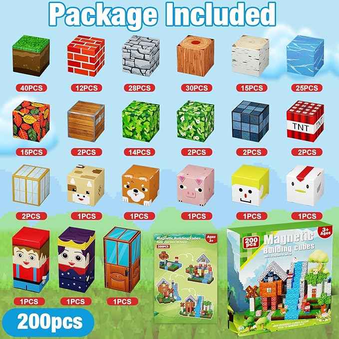 200PCS Magnetic Blocks, Magnetic Building Cube Toys for Kids, STEM Montessori Stacking, Sensory Education Toys for Toddlers Building World Set, Christmas Birthday Gifts for Kids Age 3 4 5 6 7 8 9 10