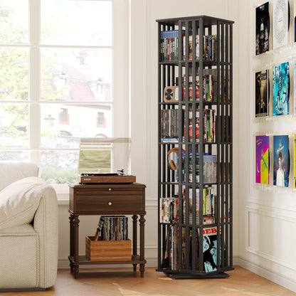 XIMN 360° Rotating Bamboo CD/DVD Shelf - 6-Tier Space-Saving Media Storage Cabinet for Movies, Organizer with Super Compact Design (Black, 6 Tier)