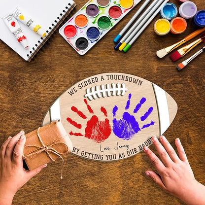 Custom Football Dad Gifts from Baby Handprint Sign, Baby First Fathers Day Wooden Keepsake for Football Daddy, DIY Hands Down Gift for Football Lovers Dad from Kids Art Craft Plaque, Birthday Dad Gift