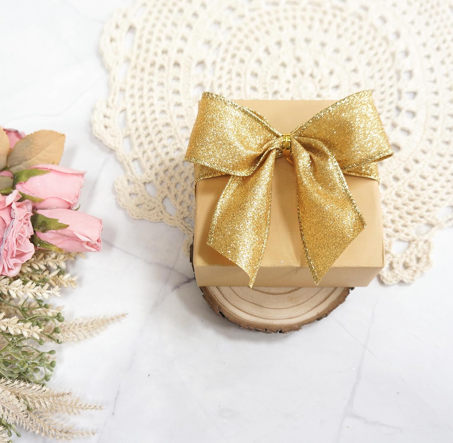 CT CRAFT LLC Glitter Wired Ribbon 1.5" x 10 Yards Yellow Gold for Christmas Home Decor Bow Gift Wrapping DIY Crafts Wreath - Crafty Corner