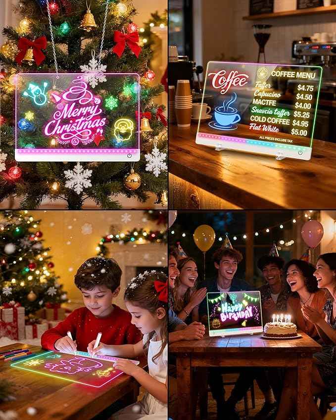 Rechargeable LED Drawing Board for Kids, 17-Inch Glow Doodle Drawing Pad with 7 Colors & 4 Light Modes, Neon Light Up Acrylic Dry Erase Note Board with Stand, Hanging Chain, 12 Markers, Birthday Gifts