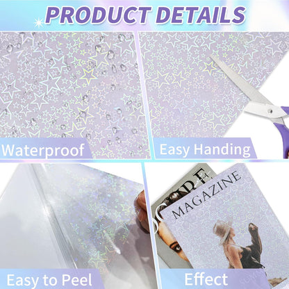 36 Sheets Holographic Sticker Paper,Holographic Laminate Sheets,A4 Size Clear Vinyl Sticker Sheets Self-Adhesive Rainbow Overlay Sheets,11.7 x 8.3 Inches（Five-Pointed Star）