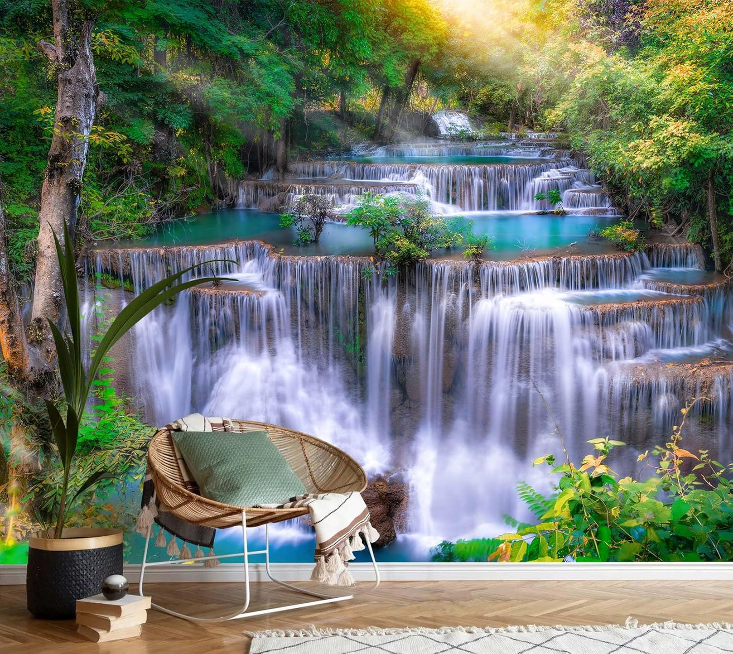 AFZEVEB-Green Waterfall Nature Landscape Wallpaper Wall murals for Kids Room 114"x74"(Not Peel and Stick)