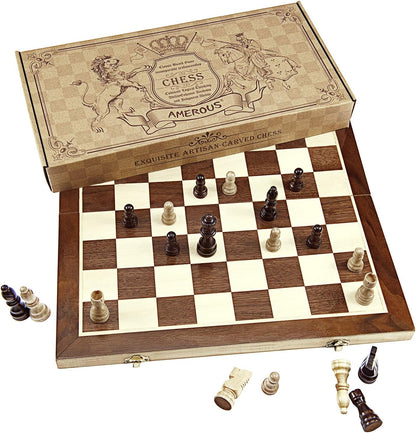 AMEROUS Chess Set, 15"x15" Folding Magnetic Wooden Standard Chess Game Board Set with Wooden Crafted Pieces and Chessmen Storage Slots