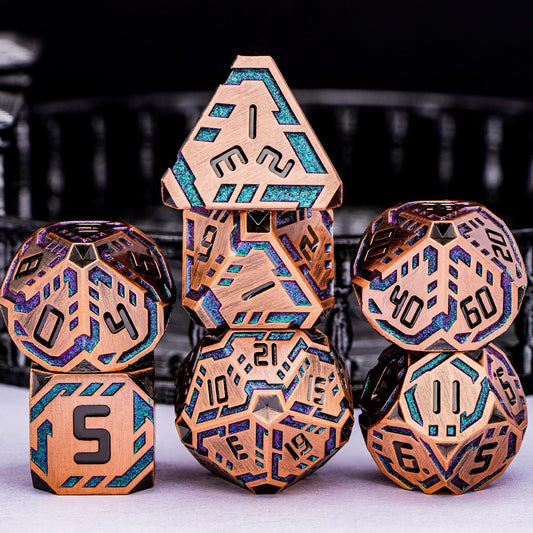Metal DND Sci-fi Dice Set 7PCS Stripe Polyhedral Dice for Dungeons Dragons RPG Role Playing Game, Glitter D and D Dice with Gift Box D6 D8 D10 D12 D20 (Ancient Bronze&Green Purple)